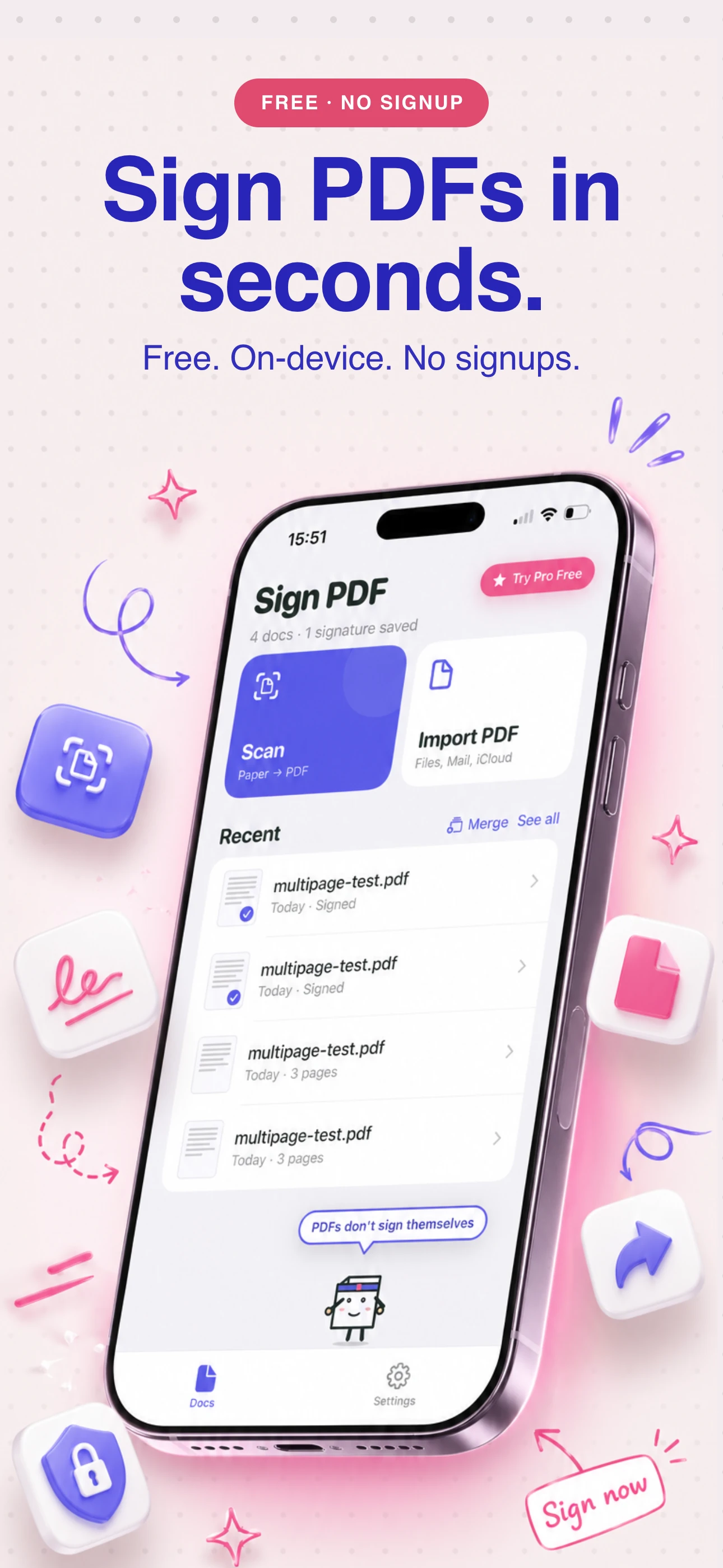 Главный экран Sign PDF с импортом и сканированием документов
